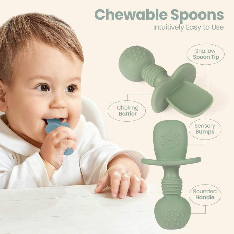 Eascrozn 2 Pack Baby Plates with Suction, 2 Pack Silicone Forks and Spoons Set, Baby Led Weaning Supplies, BPA Free, Toddler Utensils for Feeding Essentials - Image 4